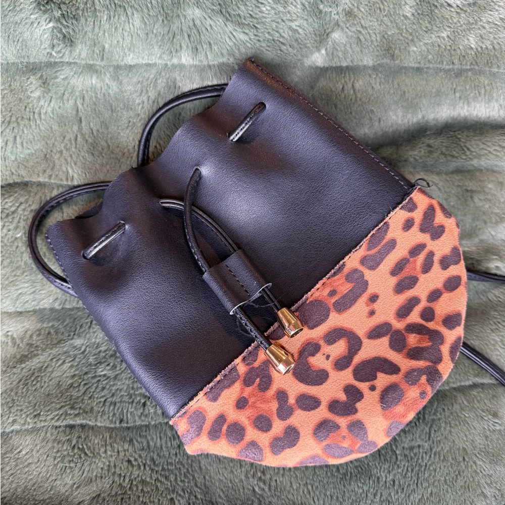 Leopard Print Black Leather Drawstring Bag